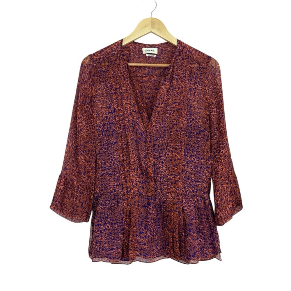 L'AGENCE Red‎ and Blue Silk V-Neck 3/4 Sleeve Blouse, Size Medium